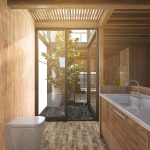 3d rendering wood bathroom near japanese zen rock garden in wood house